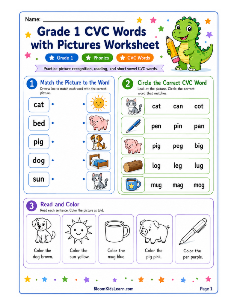 CVC Words with Pictures Worksheet for Grade 1 — worksheet preview