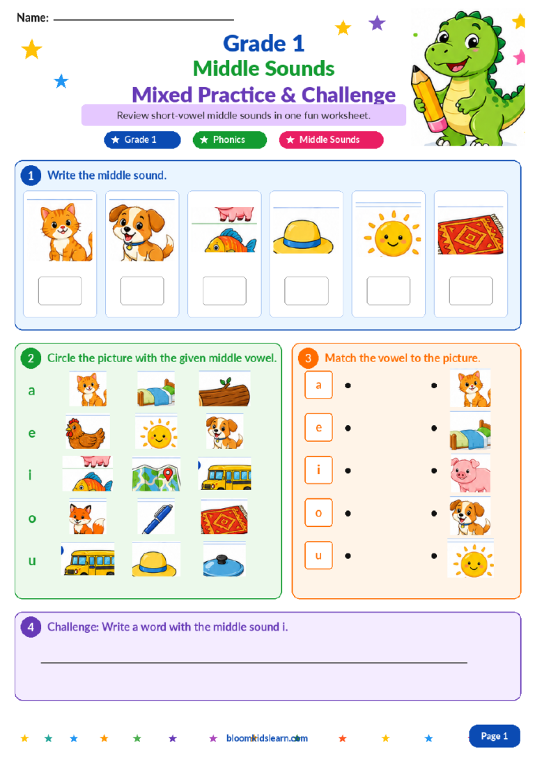 Grade 1 middle sounds mixed practice worksheet