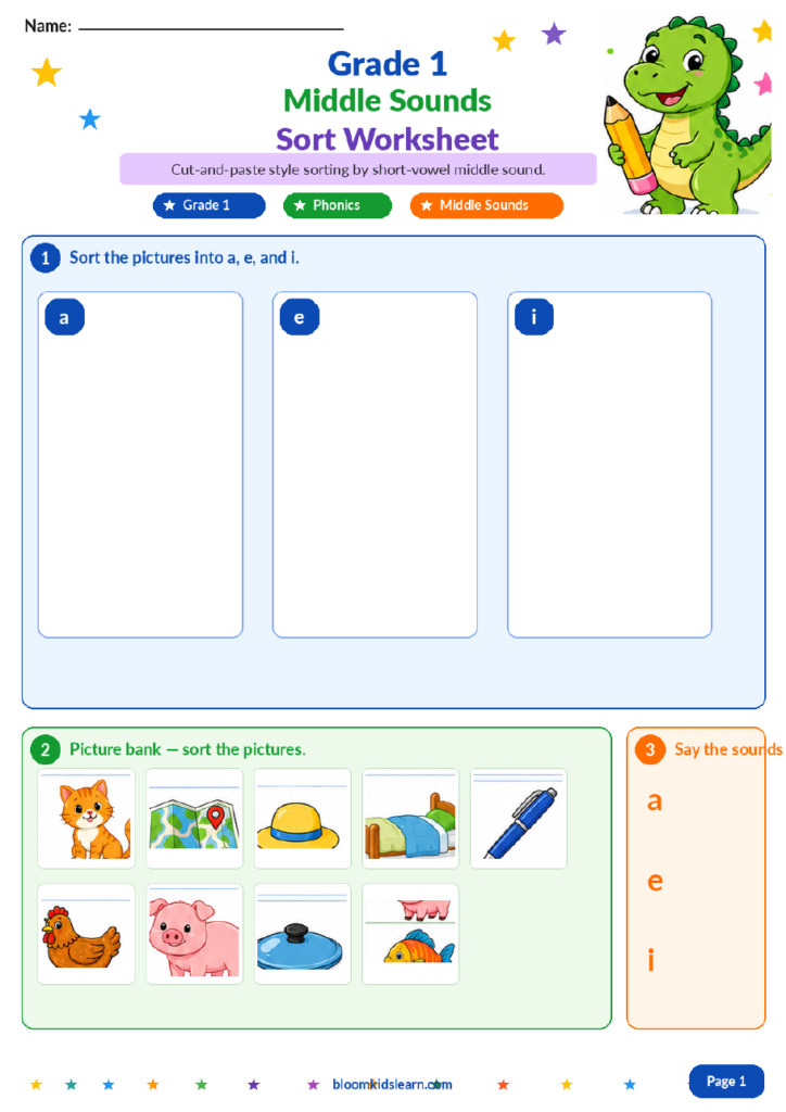 Grade 1 middle sounds sorting worksheet