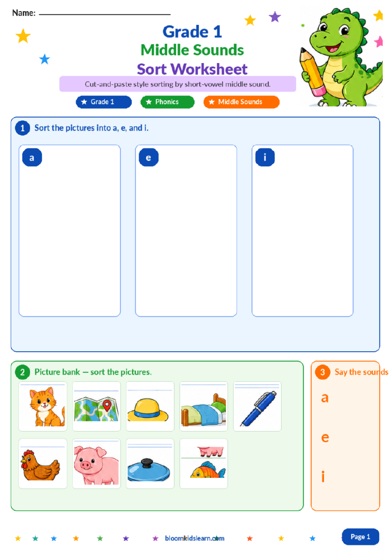 Grade 1 middle sounds sorting worksheet