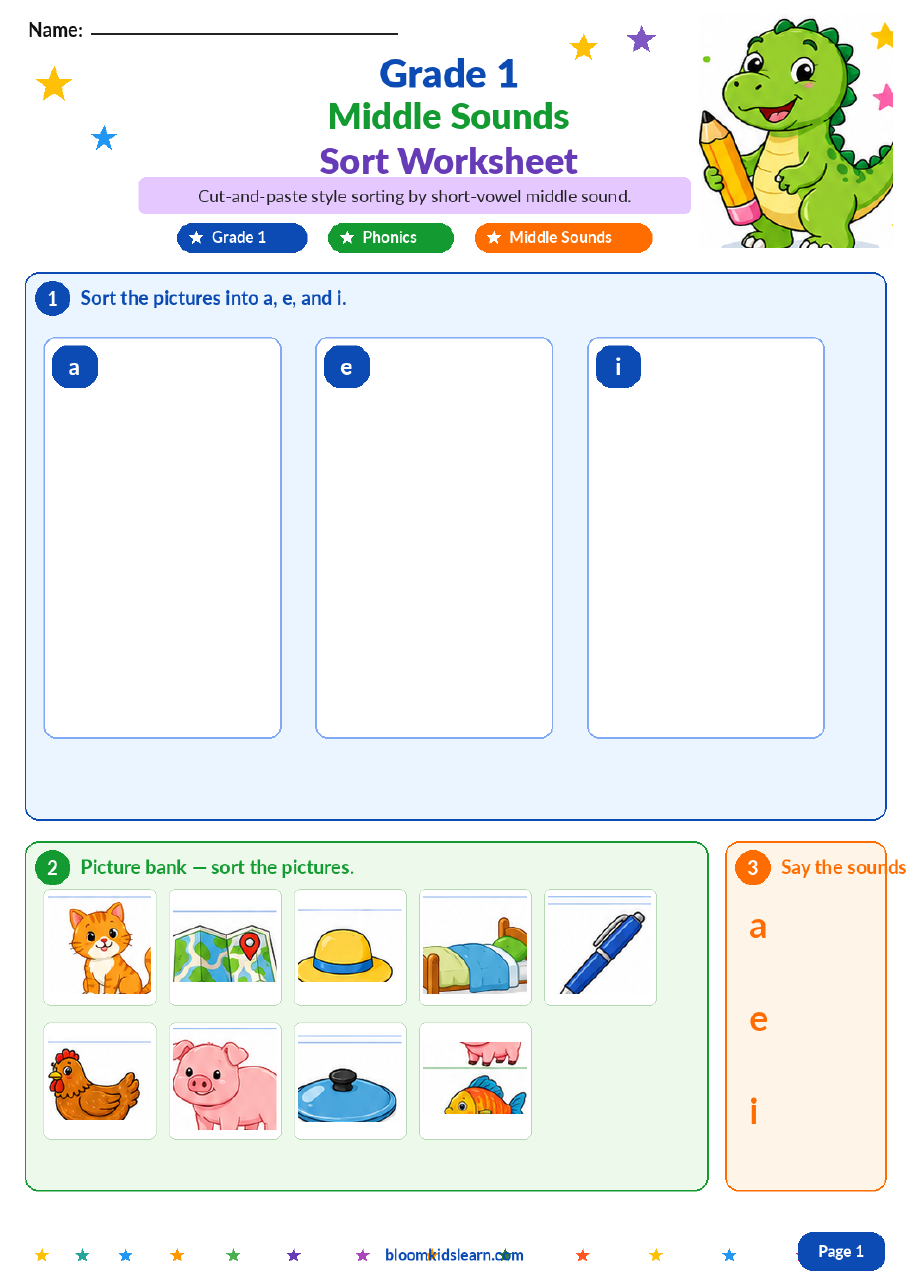 Grade 1 middle sounds sorting worksheet