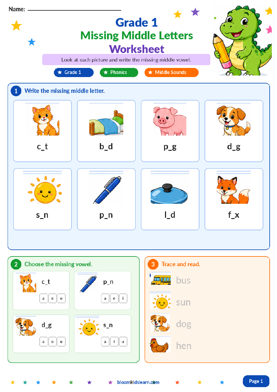 Grade 1 missing middle letters CVC worksheet
