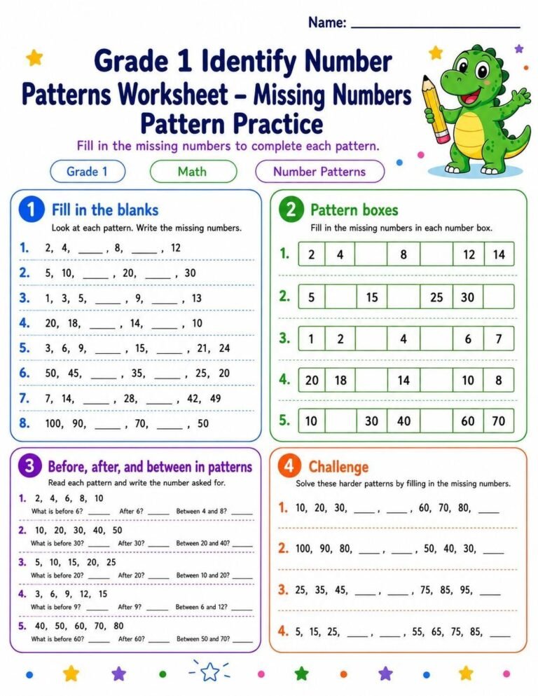 Grade 1 missing number patterns worksheet with blanks in skip-counting sequences