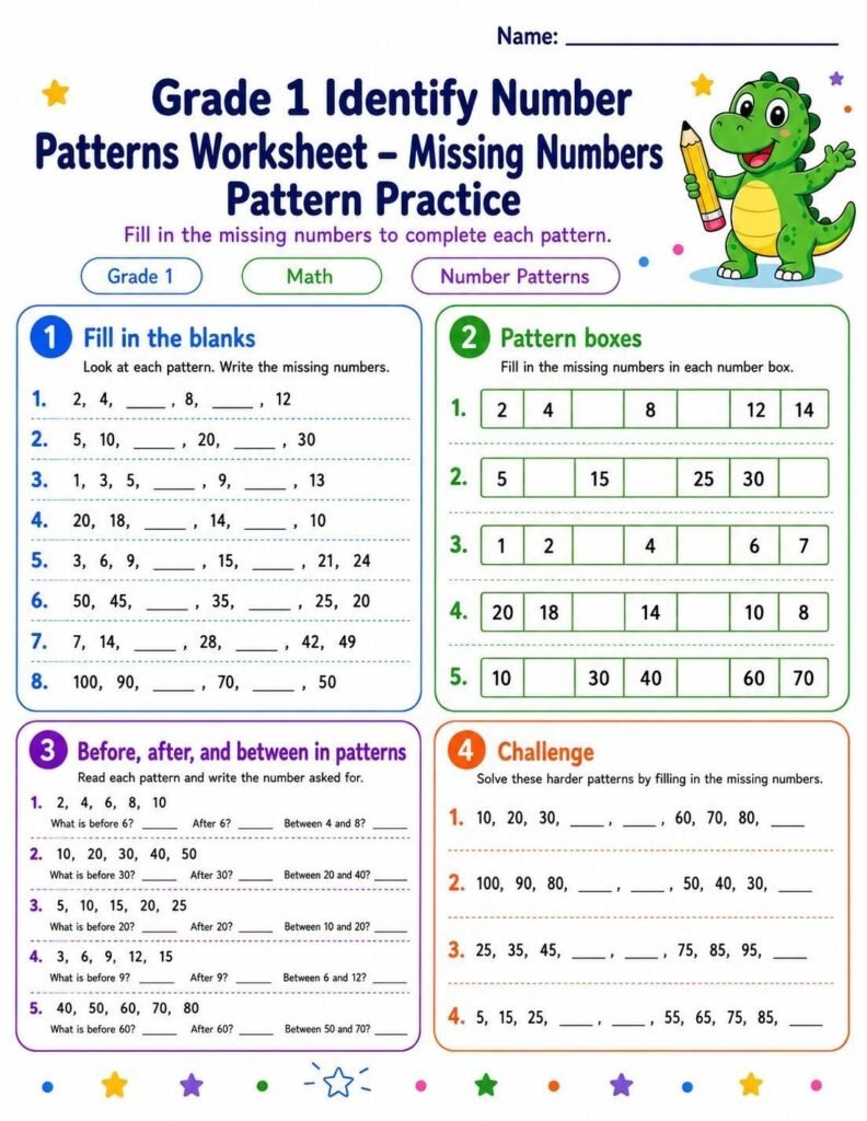 Grade 1 missing number patterns worksheet with blanks in skip-counting sequences