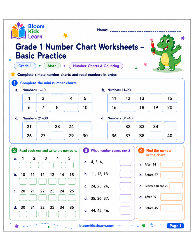 Grade 1 number chart basic practice worksheet with missing numbers and number clues