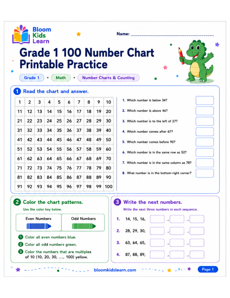 Grade 1 100 number chart printable practice worksheet preview