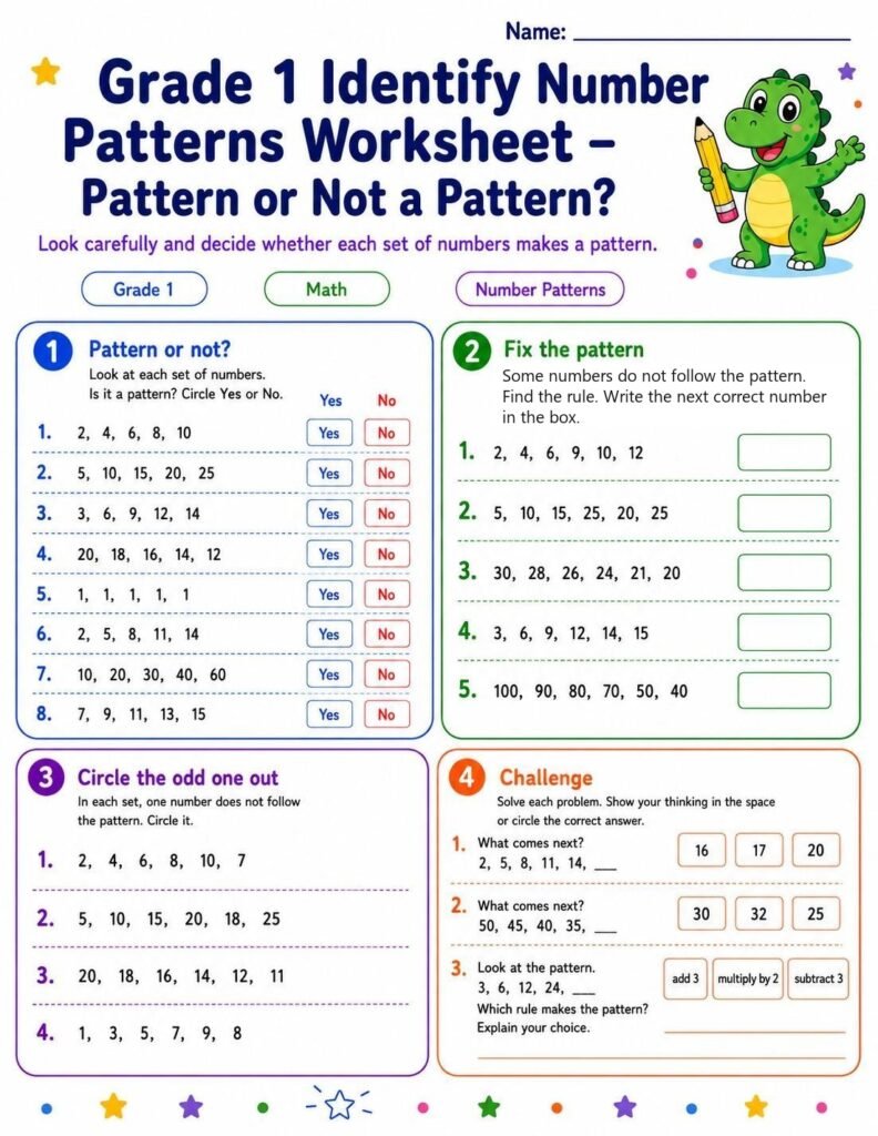 Grade 1 pattern or not a pattern worksheet with error-spotting and number sequence challenges