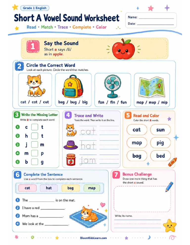 Short A Words Worksheet for Grade 1 — worksheet preview