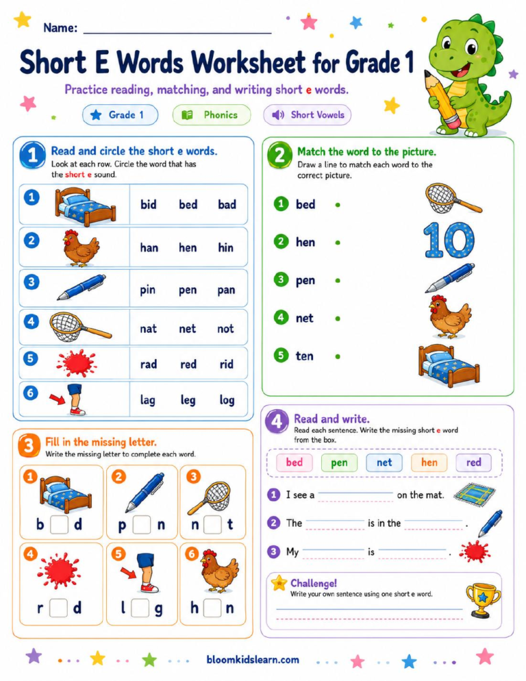 Short E Words Worksheet for Grade 1 — worksheet preview