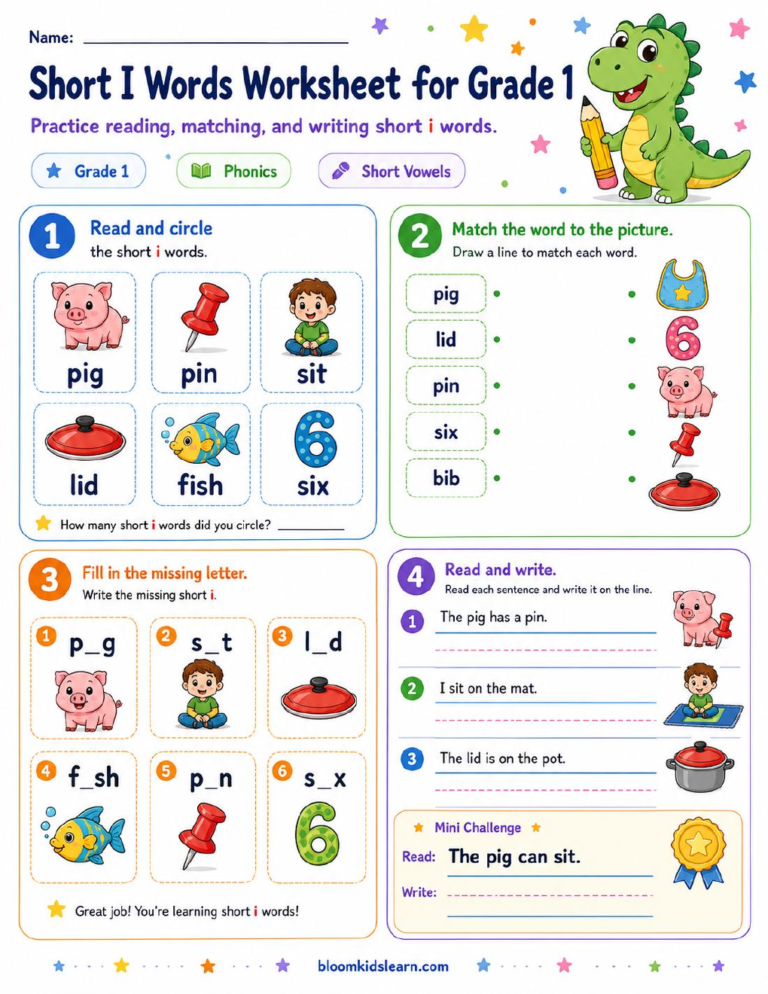 Short I Words Worksheet for Grade 1 — worksheet preview