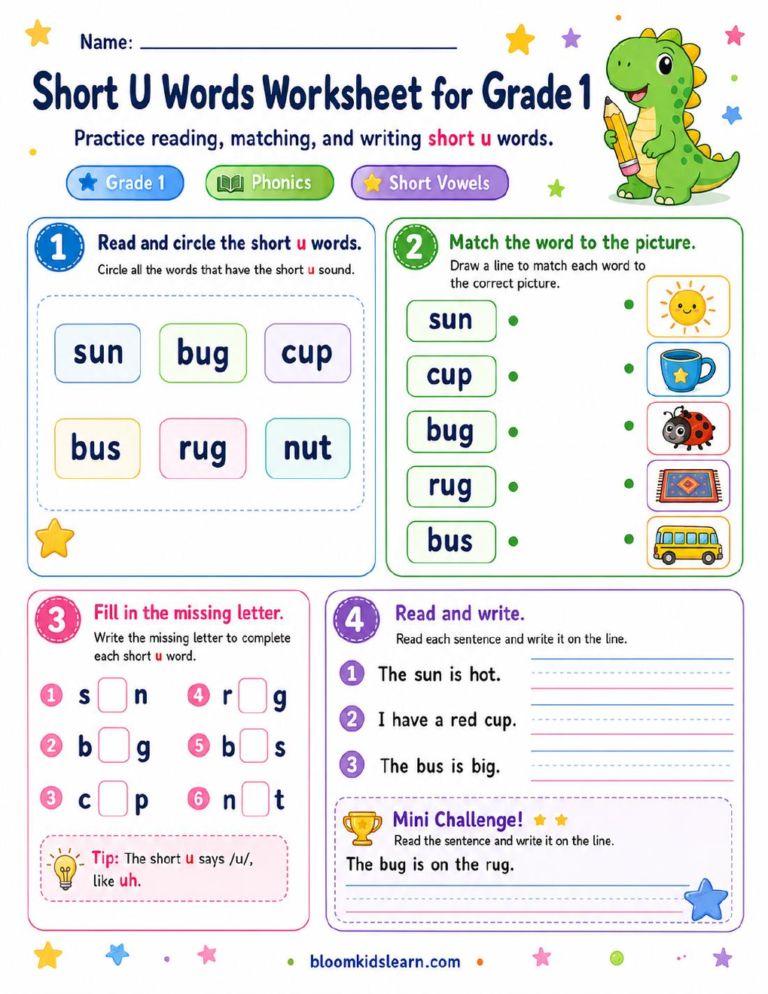 Short U Words Worksheet for Grade 1 — worksheet preview