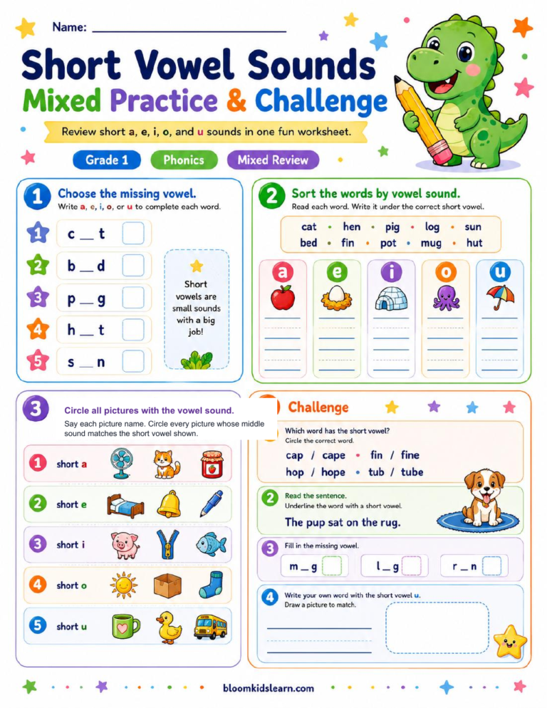 Grade 1 short vowel sounds mixed practice and challenge worksheet