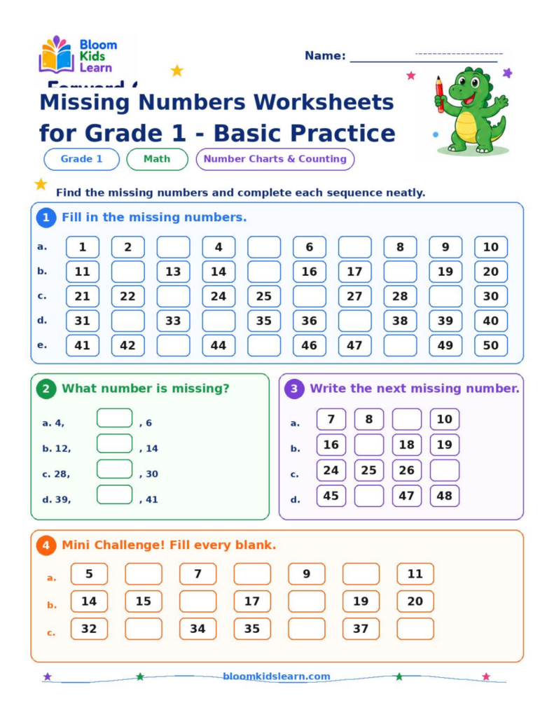 Missing numbers basic practice worksheet preview for Grade 1