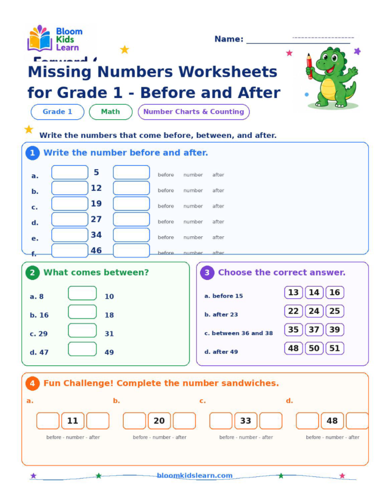 Grade 1 missing numbers before and after worksheet preview