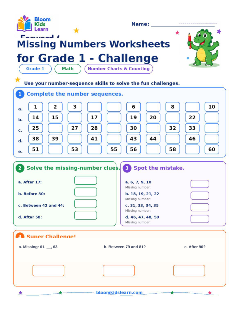 Grade 1 missing numbers challenge worksheet preview