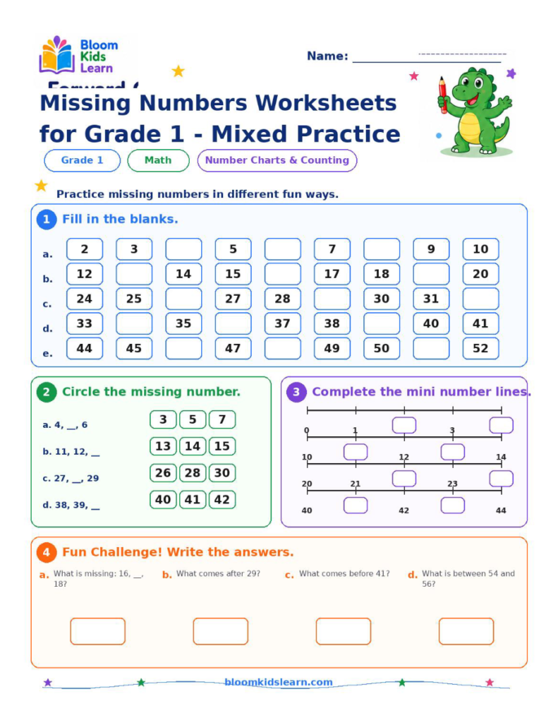 Grade 1 missing numbers mixed practice worksheet preview