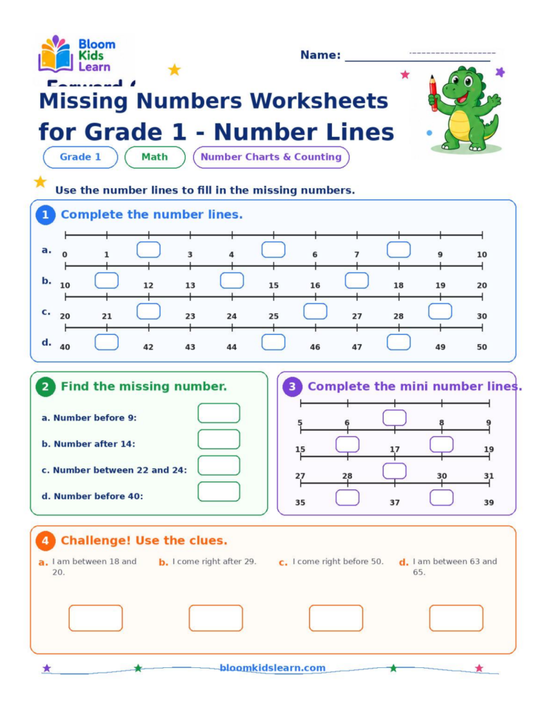 Missing numbers number lines worksheet preview for Grade 1