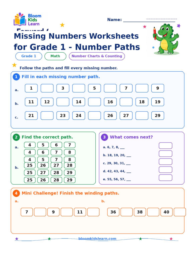 Grade 1 missing numbers number paths worksheet preview