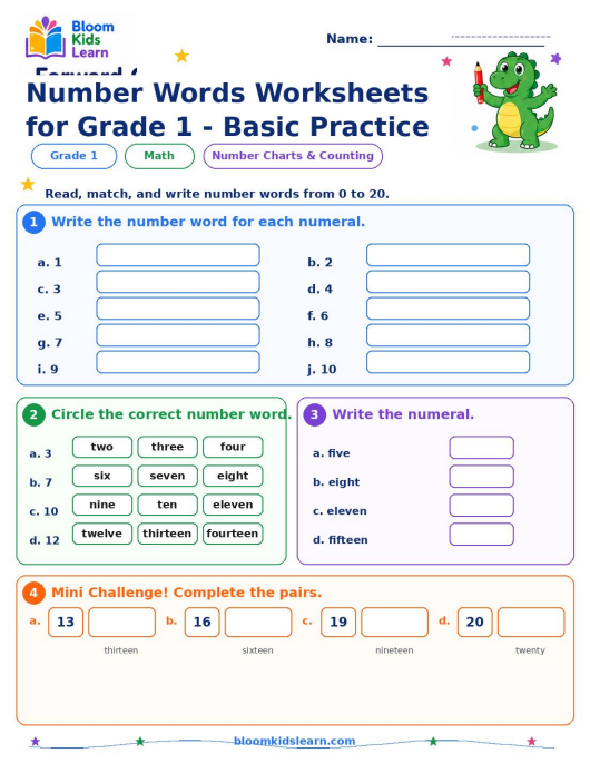 Number words worksheet for Grade 1 basic practice preview