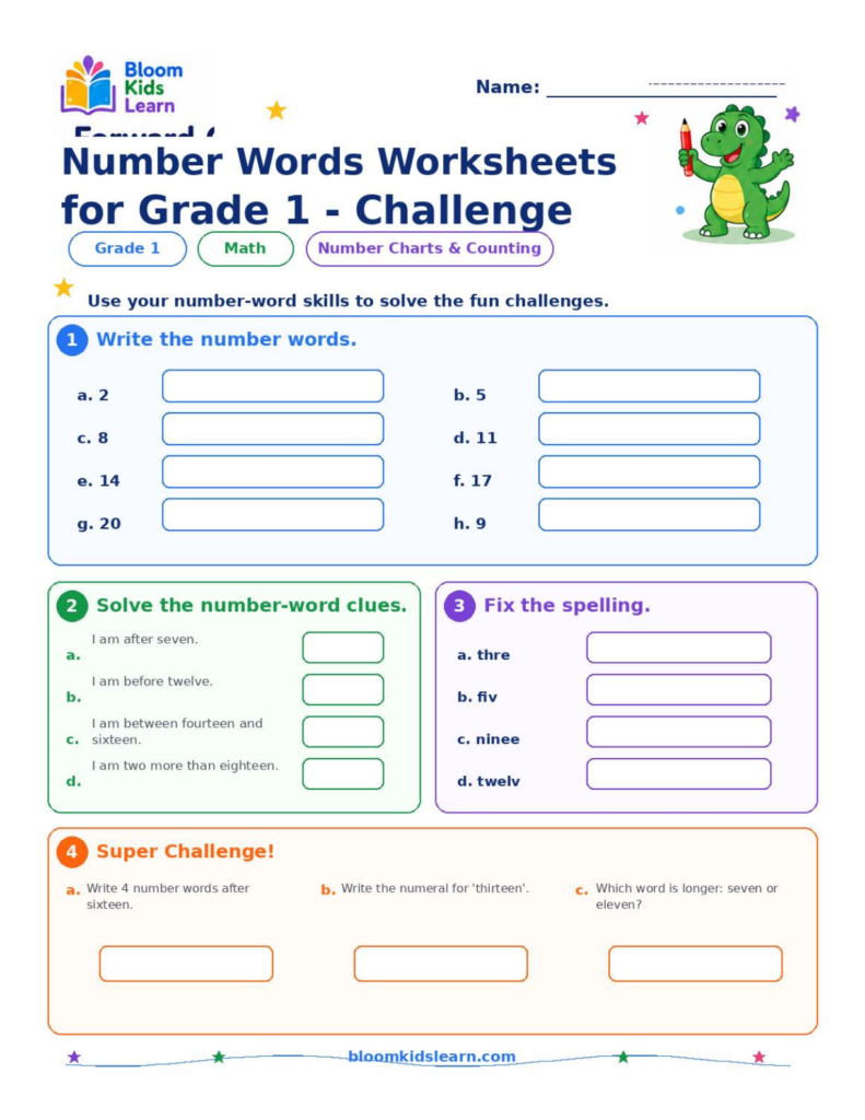Number words challenge worksheet preview for Grade 1