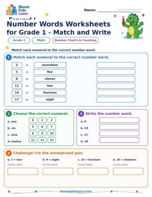 Number words match and write worksheet preview for Grade 1