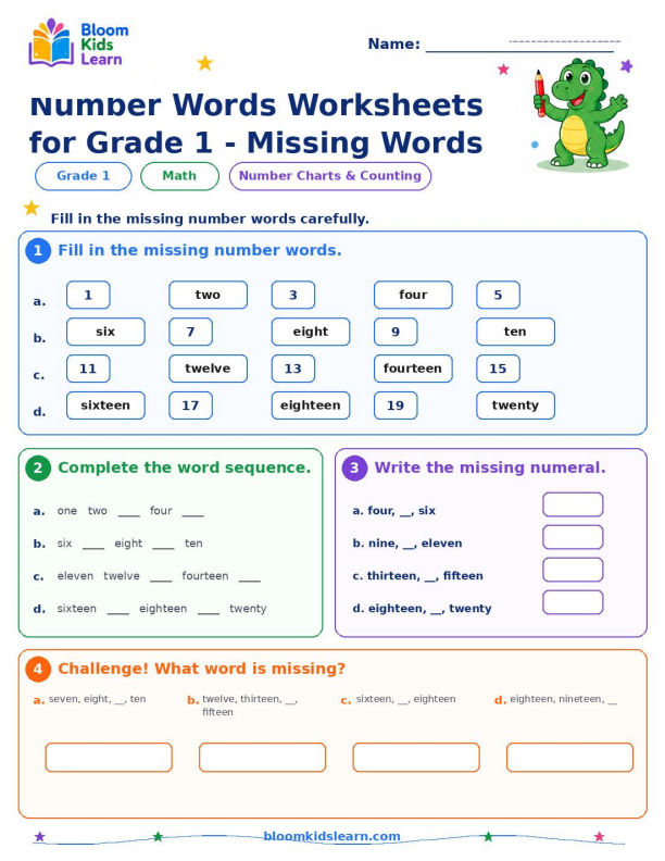 Number words missing words worksheet preview for Grade 1