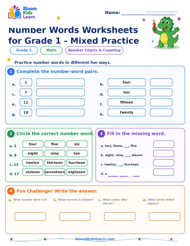 Number words mixed practice worksheet preview for Grade 1