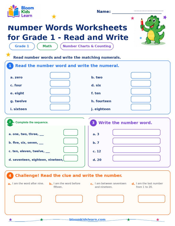 Number words read and write worksheet preview for Grade 1