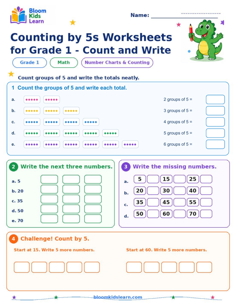 Grade 1 counting by 5s worksheet with two to six groups of five dots and number sequences