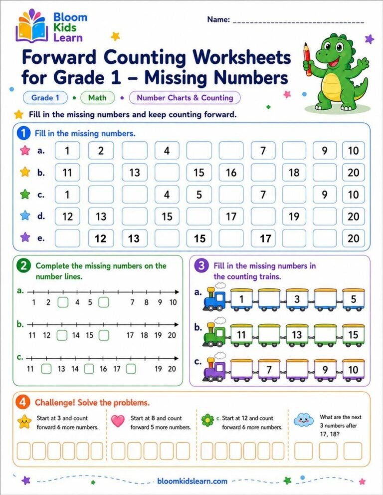 Forward Counting Missing Numbers Worksheet for Grade 1 — worksheet preview