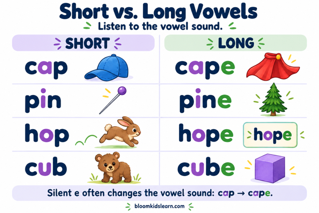 Short and long vowel pairs: cap and cape, pin and pine, hop and hope, cub and cube.