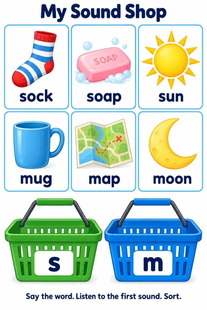 Six picture cards—sock, soap, sun, mug, map, and moon—above empty shopping baskets labeled s and m.
